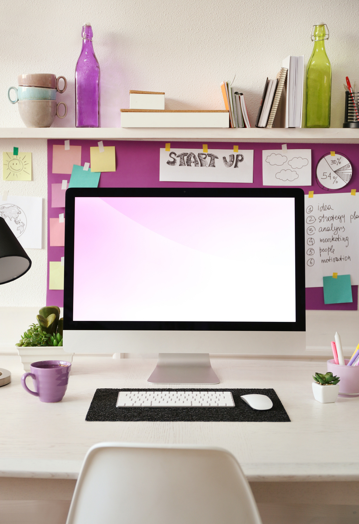 Modern Workplace with Purple Wall Organizer 